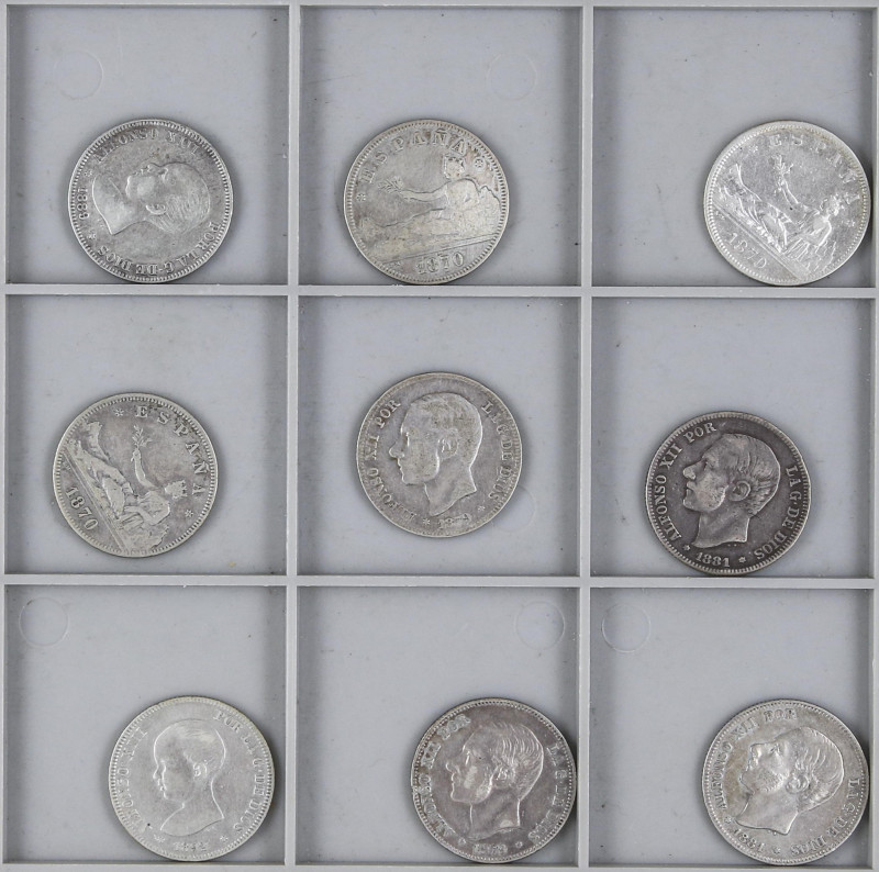 Lote 40 monedas 2 Pesetas. 1869 a 1905. GOBIERNO PROVISIONAL, ALFONSO XII y ALFO...