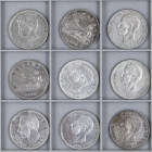 Lote 26 monedas 5 Pesetas. 1870 a 1898. GOBIERNO PROVISIONAL, AMADEO I, ALFONSO XII y ALFONSO XIII. A EXAMINAR. BC+ a MBC+.