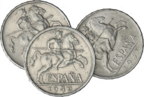 Lote 3 monedas 10 Céntimos. 1940 y 1941 (2x). Las tres: PLVS con V. A EXAMINAR. HG-242a, 243a; VS-277.1. MBC+ a EBC.