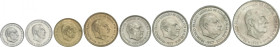 Serie 8 monedas 10 Céntimos a 100 Pesetas. (*71). En tira original F.N.M.T. La de 100 Pesetas (*19-70). PRUEBAS.