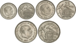 Serie 3 monedas 5, 25 y 50 Pesetas. 1957 (*BA). I Exposición Iberoamericana Numismática y Medallística. Barcelona. A EXAMINAR. ESCASA. EBC+ a SC.