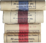 Lote 190 monedas 1 (100), 5 (50) y 25 Pesetas (40). 1957 y 1966. En cuatro cartuchos originales F.N.M.T.: 2x 1 Peseta 1966 (*19-75), 1x 5 Pesetas 1957...