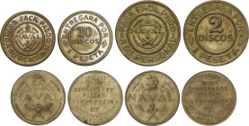 Lote 2 fichas de 2 y 10 Discos y 2 Pruebas 1 Peseta. 1948. TALLERES SAN CARLOS. NAVAL (Cádiz). AE. 2 y 10 Discos y 2 Pruebas de máquina naval coincide...