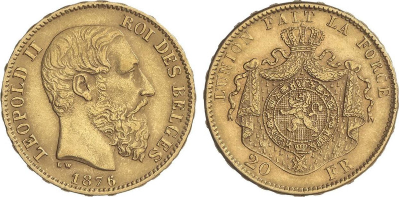 Belgium
20 Francs. 1876. LEOPOLD II. 6,42 grs. AU. Posición A. Fr-412; KM-37. M...