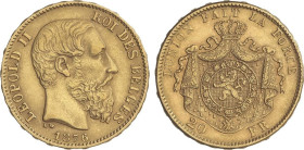 Belgium
20 Francs. 1876. LEOPOLD II. 6,42 grs. AU. Posición A. Fr-412; KM-37. MBC+.