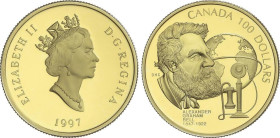 Canada
100 Dollars. 1997. 13,34 grs. AU (58, 33). Graham Bell. En estuche con certificado. Fr-38; KM-287. PROOF.