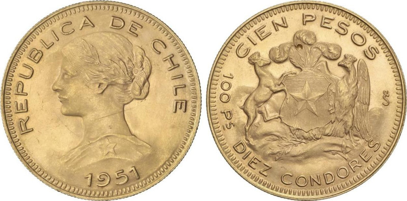 Chile
100 Pesos. 1951. 20,3 grs. AU. (Leves golpecitos). KM-175. EBC.