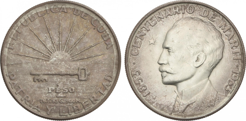Cuba
1 Peso. 1953. 26,64 grs. AR. Centenario José Martí. (Leves rayitas y golpe...