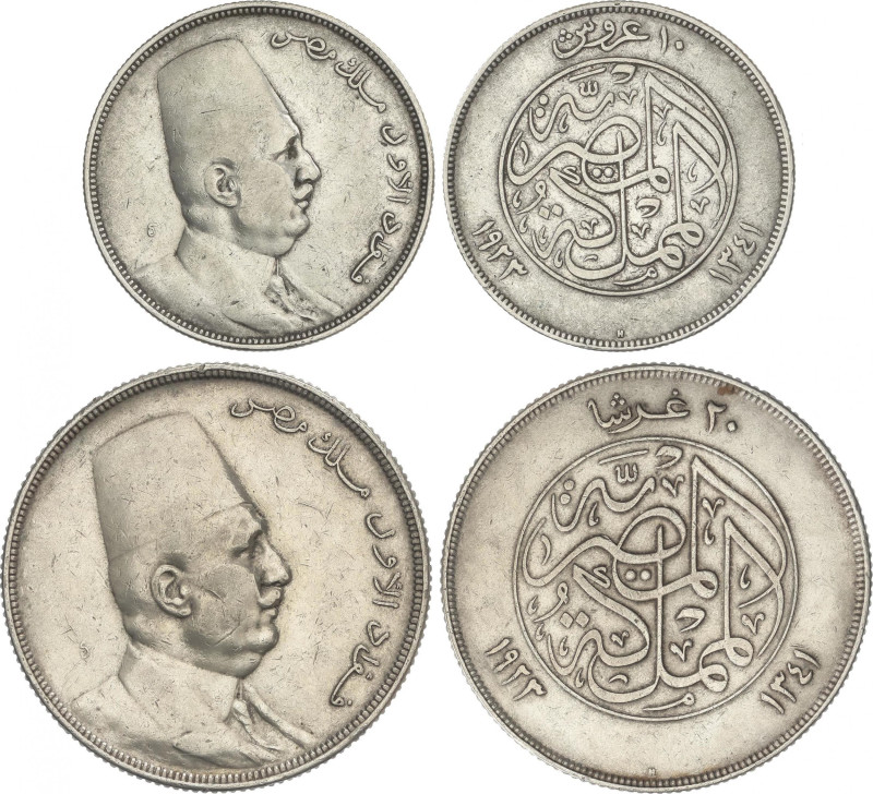 Egypt
Lote 2 monedas 10 y 20 Piastras. 1923. FUAD I. AR. KM-337, 338. MBC a MBC...