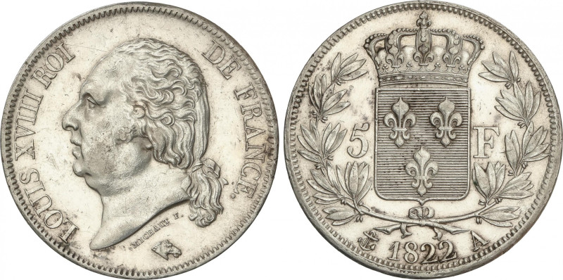 France
5 Francs. 1822-A. LOUIS XVIII. PARIS. 24,98 grs. AR. (Limpiada). KM-711....