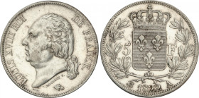France
5 Francs. 1822-A. LOUIS XVIII. PARIS. 24,98 grs. AR. (Limpiada). KM-711. EBC-.