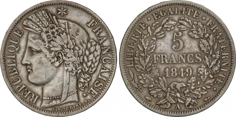 France
5 Francs. 1849-A. PARIS. 24,63 grs. AR. KM-756.1. MBC.