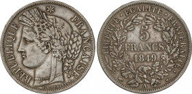 France
5 Francs. 1849-A. PARIS. 24,63 grs. AR. KM-756.1. MBC.