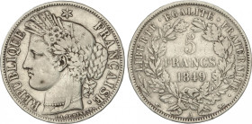 France
5 Francs. 1849-A. II REPÚBLICA. 24,56 grs. AR. ESCASA. KM-761.1. MBC-.