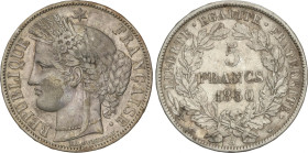 France
5 Francs. 1850-A. PARIS. 24,6 grs. AR. (Golpecitos). KM-761.1. MBC.