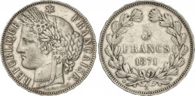 France
5 Francs. 1871-K. III REPÚBLICA. 24,8 grs. AR. ESCASA. KM-332.8. MBC+/MBC.