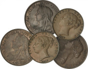 Great Britain
Lote 5 monedas Farthing (2) y 1/2 Penique (3). 1839 a 1897. VICTORIA. AE y Br. Incluye: 2x Farthing 1839, 3x 1/2 Penique 1861, 1895 y 1...