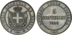 Italian States
5 Centesimi. 1859. II GOBIERNO PROVISIONAL. TOSCANA. 4,9 grs. AE. C-83. EBC-.