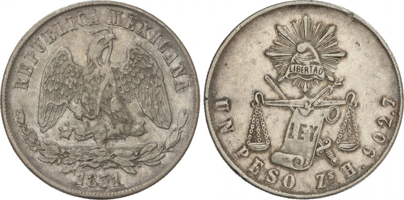 Mexico
1 Peso. 1871. ZACATECAS. Zs. H. 26,9 grs. AR. (Golpecitos). KM-408.8. MB...