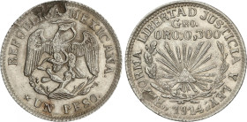 Mexico
1 Peso. 1914-GRO. GUERRERO. 12,4 grs. AR. (Hojita y leves oxidaciones). KM-641. MBC+.