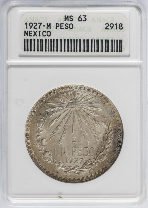 Mexico
1 Peso. 1927. AR. Encapsulada por ANACS como MS 63. Pátina. KM-455. SC-....