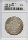 Mexico
1 Peso. 1927. AR. Encapsulada por ANACS como MS 63. Pátina. KM-455. SC-.