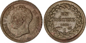 Monaco
1 Decime. 1838. HONORE V. 18,17 grs. AE. ESCASA. KM-97.1. EBC-.