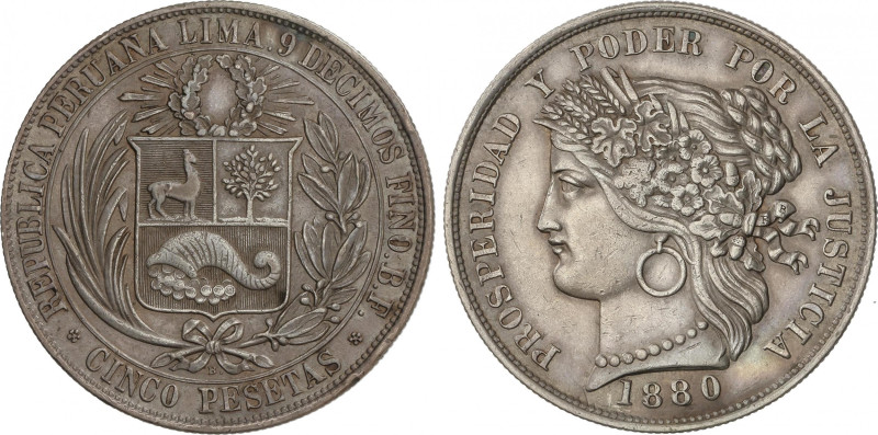 Peru
5 Pesetas. 1880. LIMA. B.F. 24,85 grs. AR. Con punto después de la B debaj...