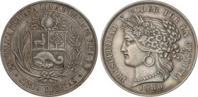 Peru
5 Pesetas. 1880. LIMA. B.F. 24,85 grs. AR. Con punto después de la B debajo la corona. (Leves rayitas y golpecito en canto). Pátina. KM-201.2. E...