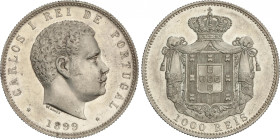 Portugal
1.000 Reis. 1899. CARLOS I. 25,07 grs. AR. (Leves golpecitos). Restos de brillo original. KM-540. EBC.