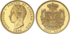 Portugal
5.000 Reis. 1886. LUIZ I. LISBOA. 8,87 grs. AU. (Levisimos golpecitos en anverso). Brillo original. BONITA PIEZA. Fr-153; KM-516. EBC/EBC+.