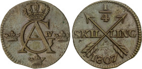 Sweden
1/4 Skilling. 1807. 6,37 grs. AE. (Defecto acuñación en canto). KM-564. EBC-.