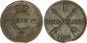 Sweden
1 Skilling. 1819. 18,18 grs. AE. (Pequeños golpecitos). KM-597. MBC.