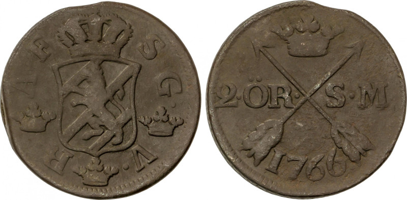 Sweden
2 Ore. 1766. 28,03 grs. AE. KM-461. MBC-.