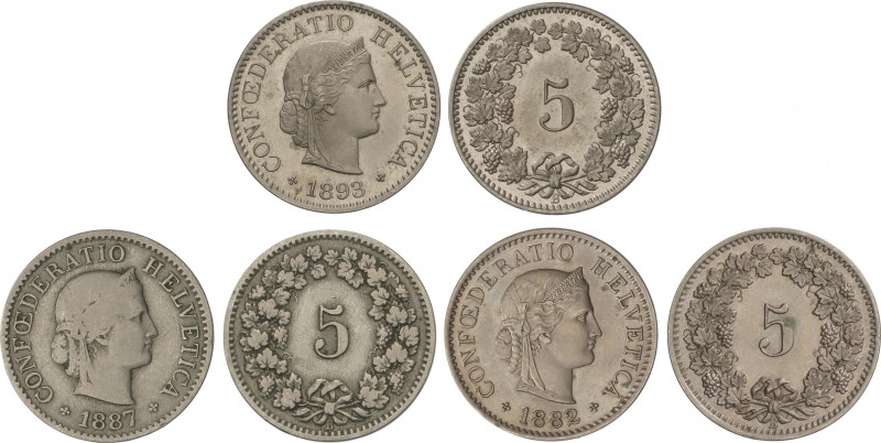 Switzerland
Lote 3 monedas 5 Rappen. 1882, 87, 93. CuNi. KM-26. MBC a EBC+.