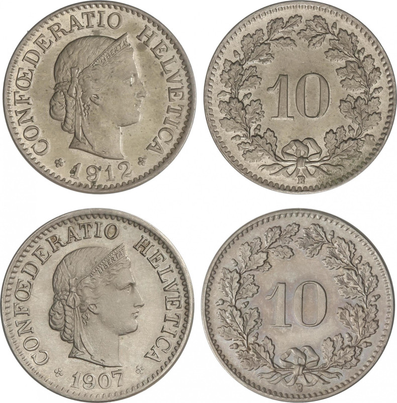 Switzerland
Lote 2 monedas 10 Rappen. 1907, 1912. CuNi. KM-27. SC- a SC.