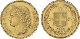 Switzerland
20 Francs. 1896-B. BERNA. 6,44 grs. AU. Helvetia. (Leves golpecitos). Fr-495; KM-31.2. EBC-.
