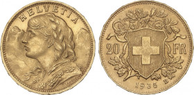 Switzerland
20 Francs. 1935-B. BERNA. 6,45 grs. AU. Helvetia. Fr-499; KM-35.1. SC-.