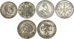 Lote 3 monedas tamaño duro. 1966 a 1987. BÉLGICA, ESPAÑA y MÉXICO. AR. 100 Pesetas 1966 (*66), 5 Ecu 1987 Bélgica y 25 Pesos México 1968. A EXAMINAR. ...