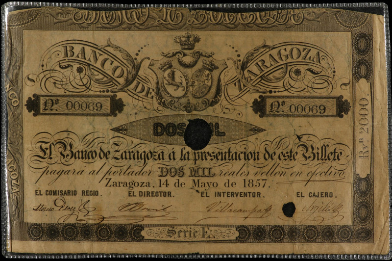 Spanish Banknotes
2.000 Reales de Vellón. 14 Mayo 1857. BANCO DE ZARAGOZA. Tala...