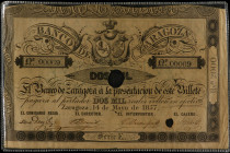 Spanish Banknotes
2.000 Reales de Vellón. 14 Mayo 1857. BANCO DE ZARAGOZA. Taladro central. Precintado en plastico. (Roturas). Ed-130. MBC-.