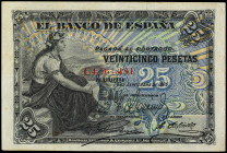 Spanish Banknotes
25 Pesetas. 14 Septiembre 1906. (Pequeñas roturas). Ed-314a. MBC-.
