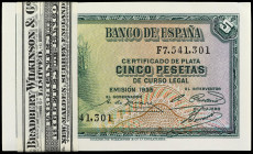 Spanish Banknotes
Lote 100 billetes 5 Pesetas. 1935. Serie F. Todos correlativos. En fajo original Bradbury Wilkinson & Co. (Leve doblez en esquina e...