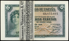Spanish Banknotes
Lote 100 billetes 5 Pesetas. 1935. Serie G. Todos correlativos. En fajo original Bradbury Wilkinson & Co. Ed-363a. SC.