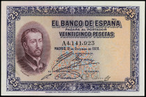 Spanish Banknotes
25 Pesetas. 12 Octubre 1926. San Francisco Xavier. Con Sello en seco del GOBIERNO PROVISIONAL DE LA REPÚBLICA. (Dos pliegues). Ed-3...