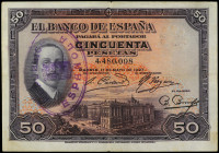 Spanish Banknotes
50 Pesetas. 17 Mayo 1927. Alfonso XII. Sello tapón violeta REPÚBLICA ESPAÑOLA. Ed-332. MBC+.