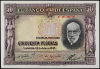 Spanish Banknotes
50 Pesetas. 22 Julio 1935. Ramón y Cajal. Sin Serie. Ed-366. SC.