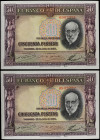 Spanish Banknotes
Lote 2 billetes 50 Pesetas. 22 Julio 1935. Ramón y Cajal. Sin Serie. Pareja correlativa. (Leve doblez en esquina). Ed-366. SC.