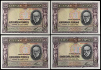 Spanish Banknotes
Lote 4 billetes 50 Pesetas. 22 Julio 1935. Ramón y Cajal. Sin Serie. Todos correlativos. Ed-366. SC.