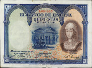Spanish Banknotes
500 Pesetas. 24 Julio 1927. Isabel la Católica. Sin Serie. (Manchitas, leves roturas). Ed-352. MBC.